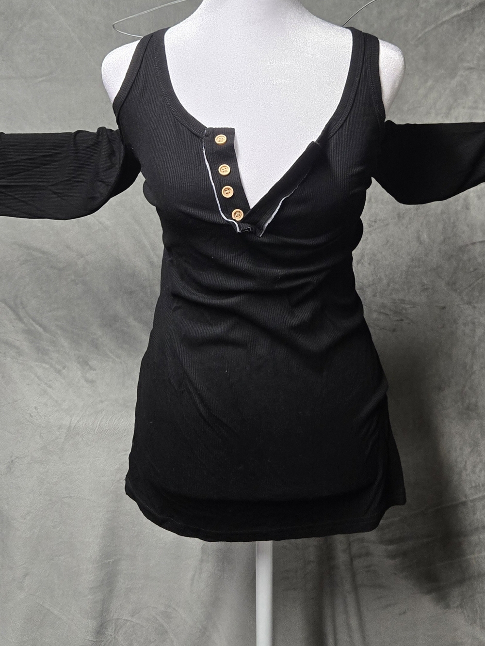Black Cold-Shoulder Ribbed Tank Top with Button Placket